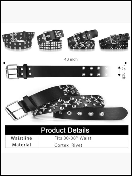 4 Piece Studded Rivet Double Grommet Belt Set - Faux Leather Punk Style main image 6